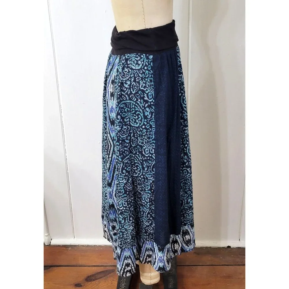 Fire Los Angeles Boho Blue Cotton Printed Patchwork Maxi Skirt - Picture 4 of 6